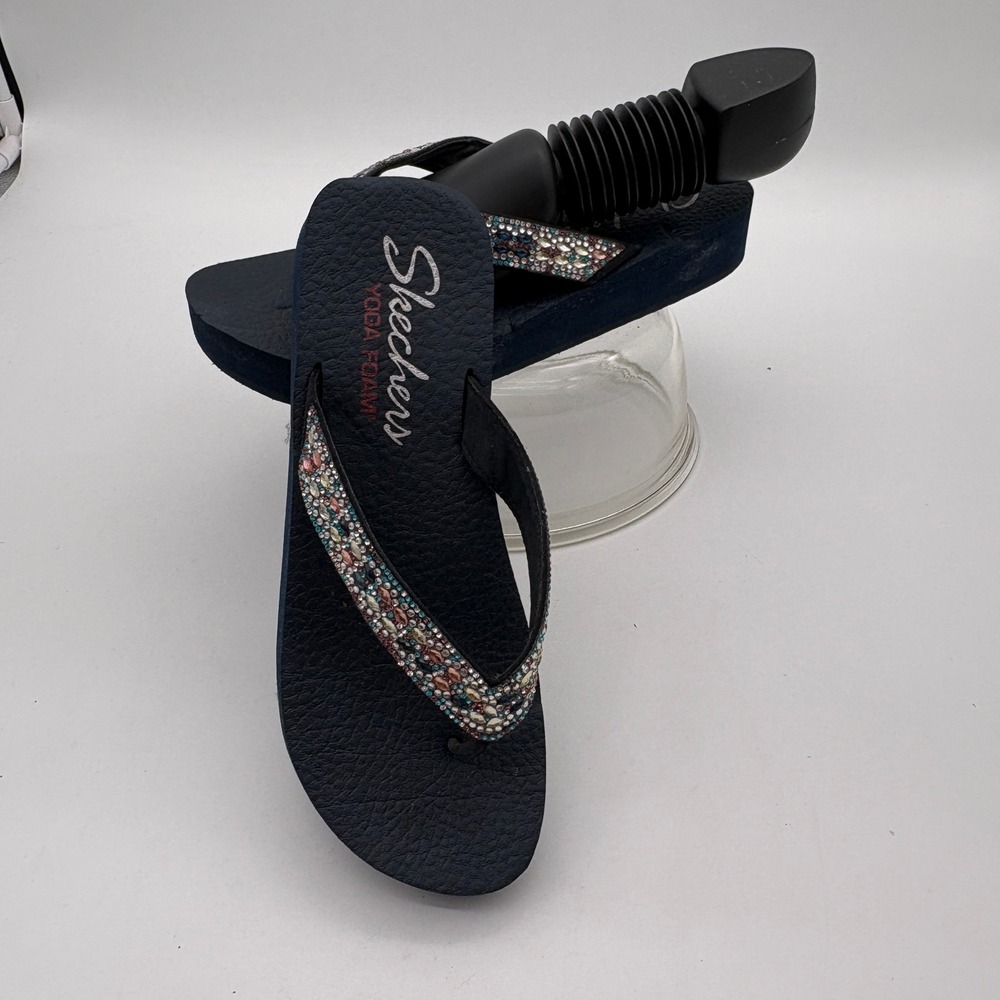Skechers Yoga Foam Navy Blue Rhinestone Platform Flip Flop Wedge Sandals 10/11